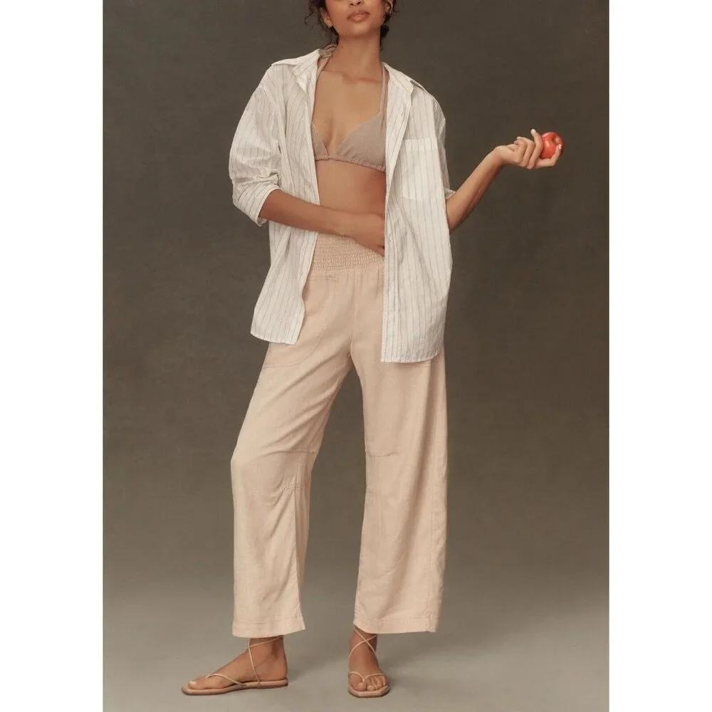 Anthropologie Blush Cropped Wide-Leg Drawstring Pants